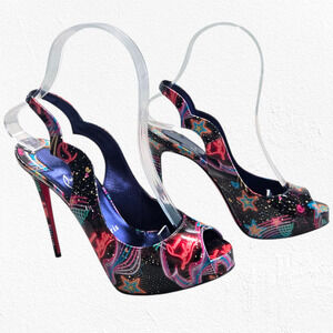 Christian Louboutin Lady Peep Sling 120 Platform Peep Toe Cosmic Print Heels 36